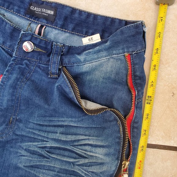 Red Zipper Accent Distressed Fade Blue Stretchy Denim Skinny Jeans - Picture 6 of 10